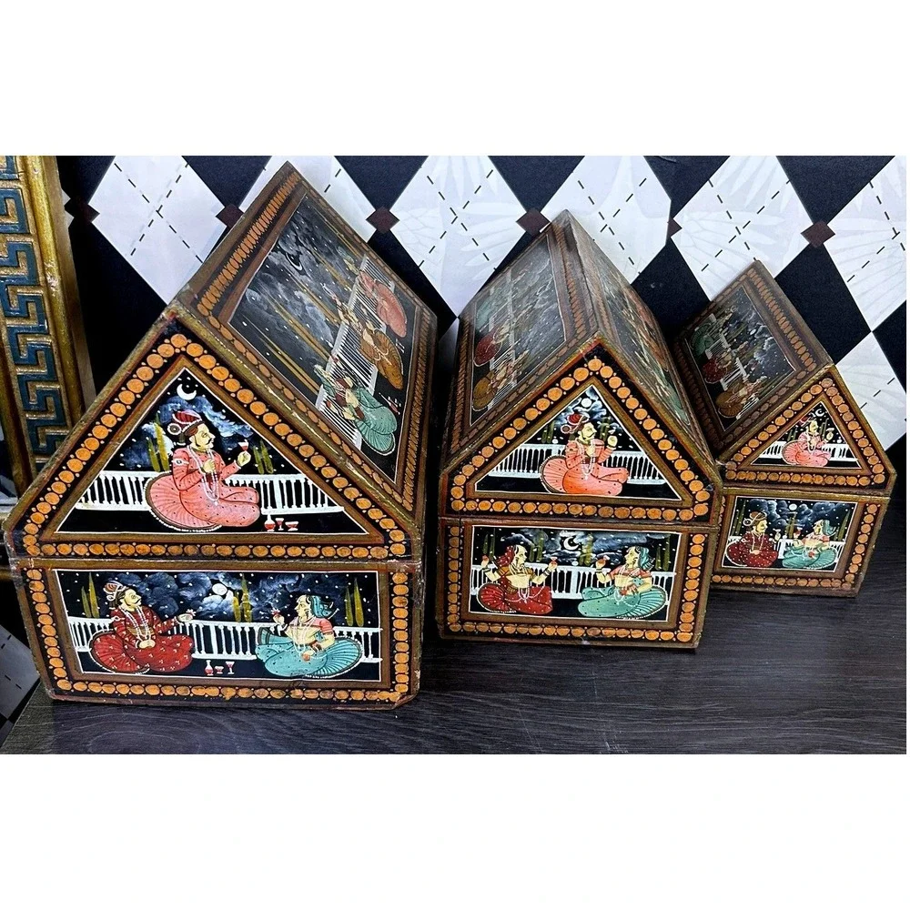 Vintage Indian Hand Painted Nesting Wooden Box Set of 3 Folk Art Storage Chests